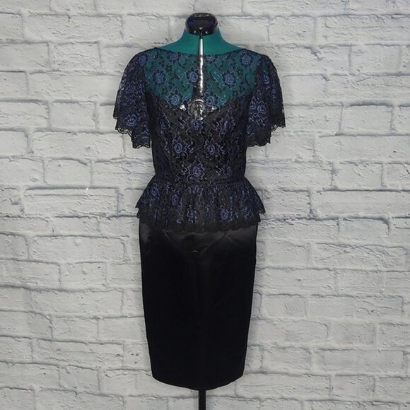 Vintage Gunne Sax Womens Small Navy Blue black lace peplum flutter sleeve dress